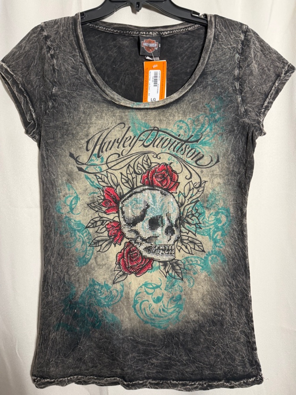 NWT Harley Davidson Rhinstone Skull Rose Black Acid Wash Short Sleeve Tee Large